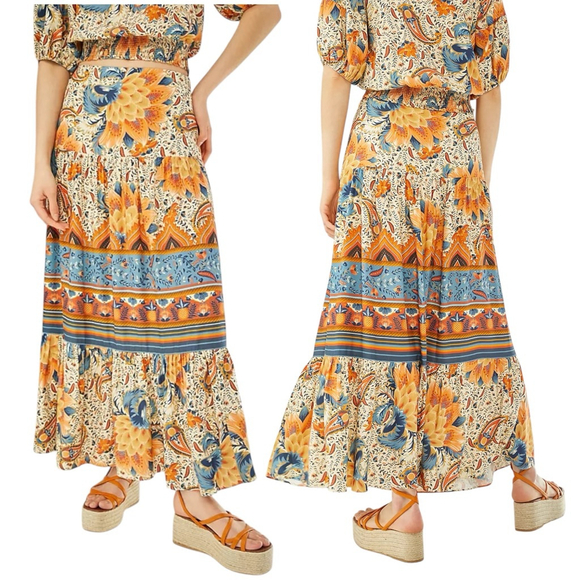 FARM Rio Dresses & Skirts - Farm Rio Bambina Maxi Skirt Floral Tiered Boho Viscose Cottagecore Festival Skir